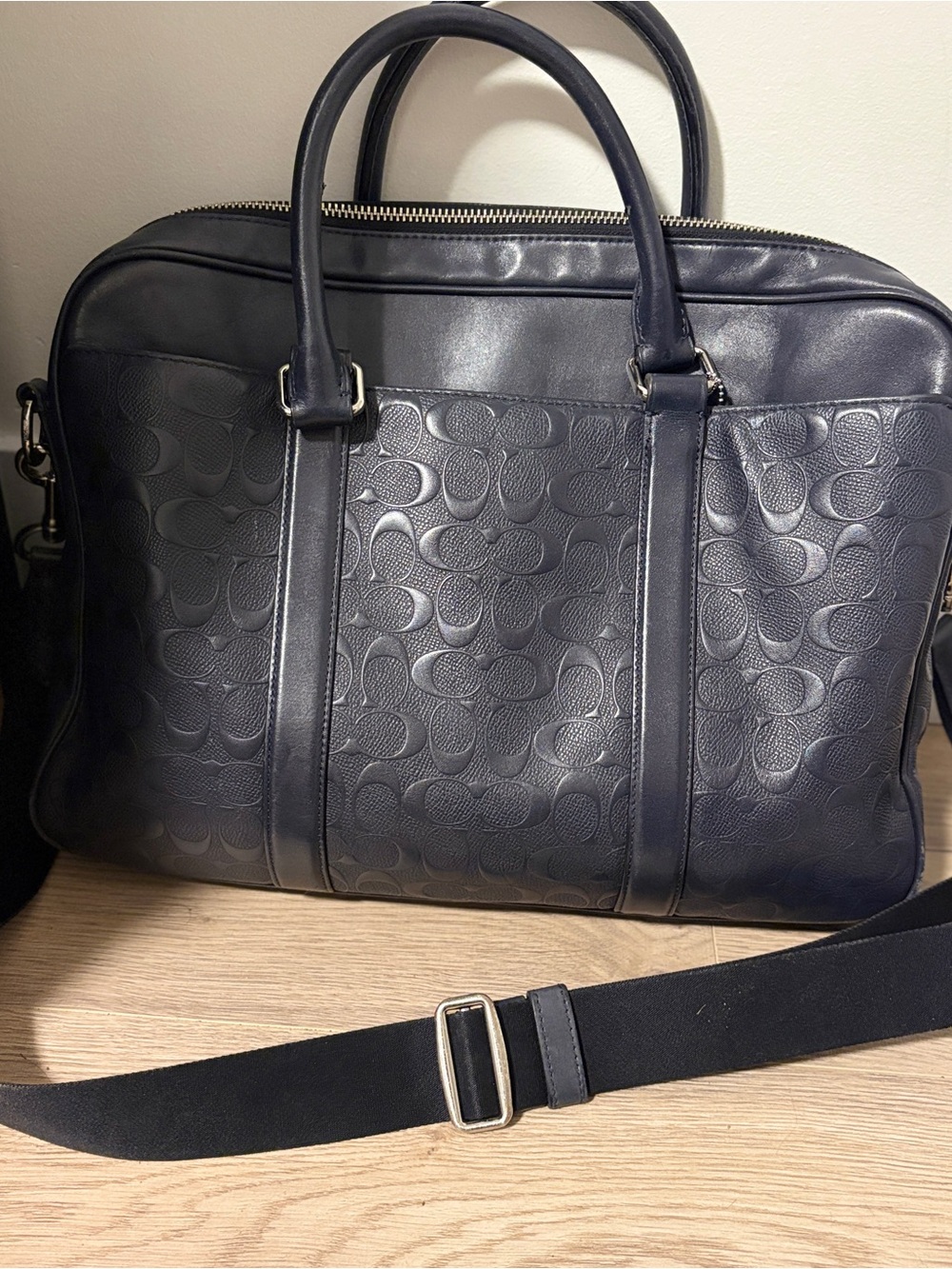 Coach Embossed Signature Leather Briefcase in Navy